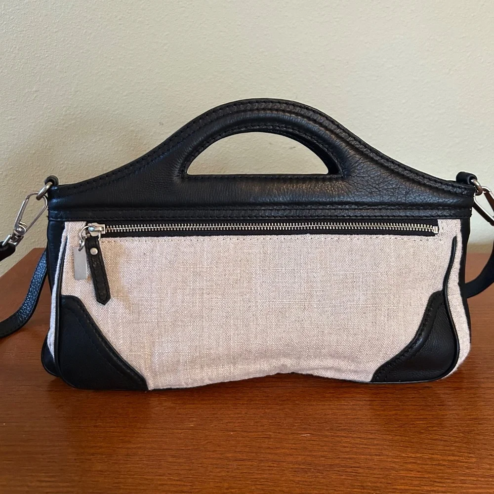Foley & Corinna Handbag Clutch Beige Canvas Black‎ Leather Shoulder Strap Purse